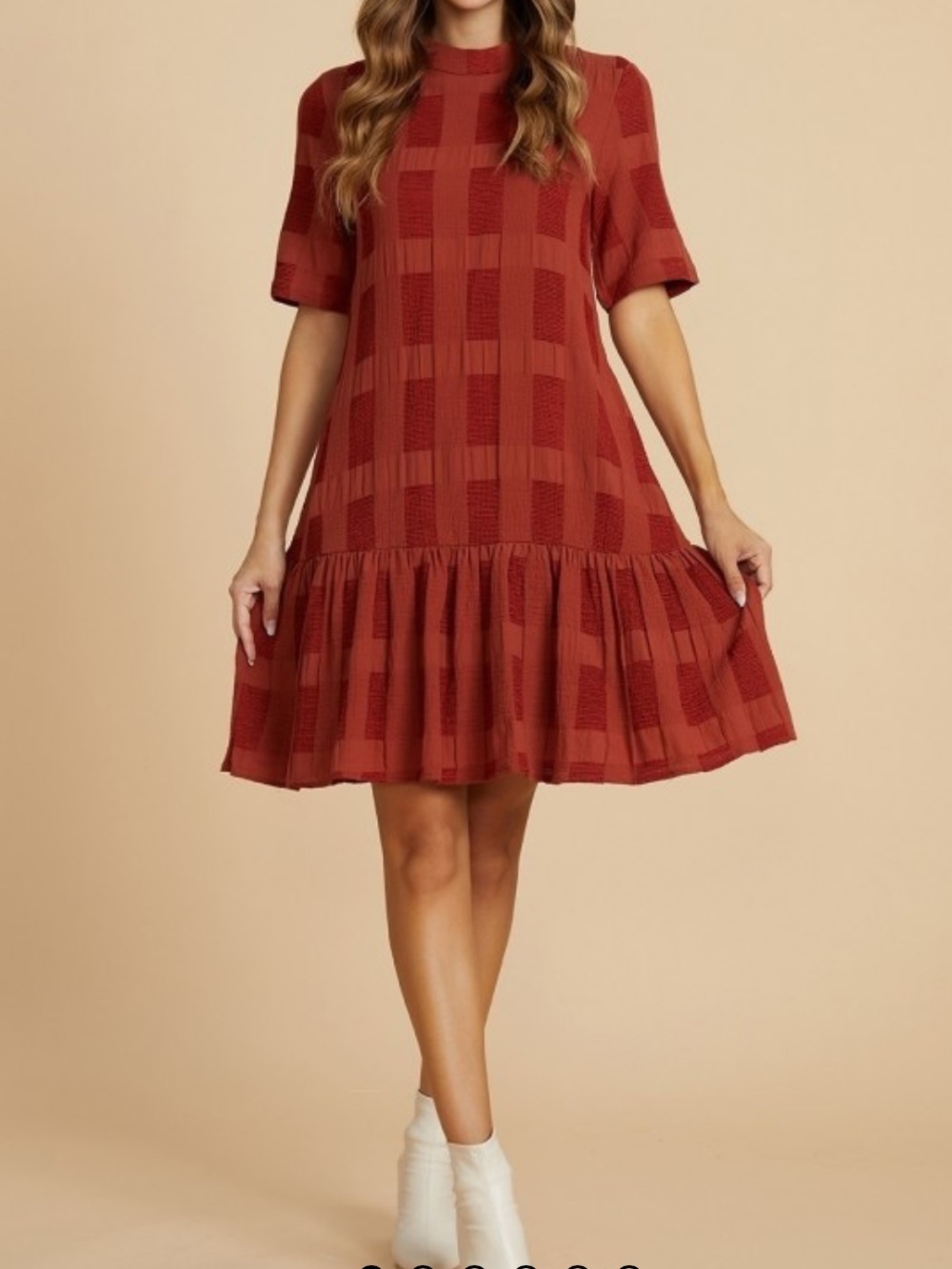 Textured Rust Short-Sleeve Dress | M